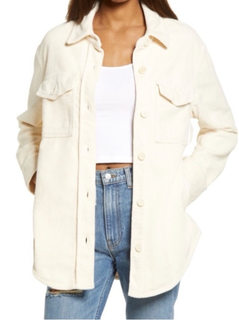 Reformation Jennings Oversized Corduroy Button Down Shirt Jacket in Almond